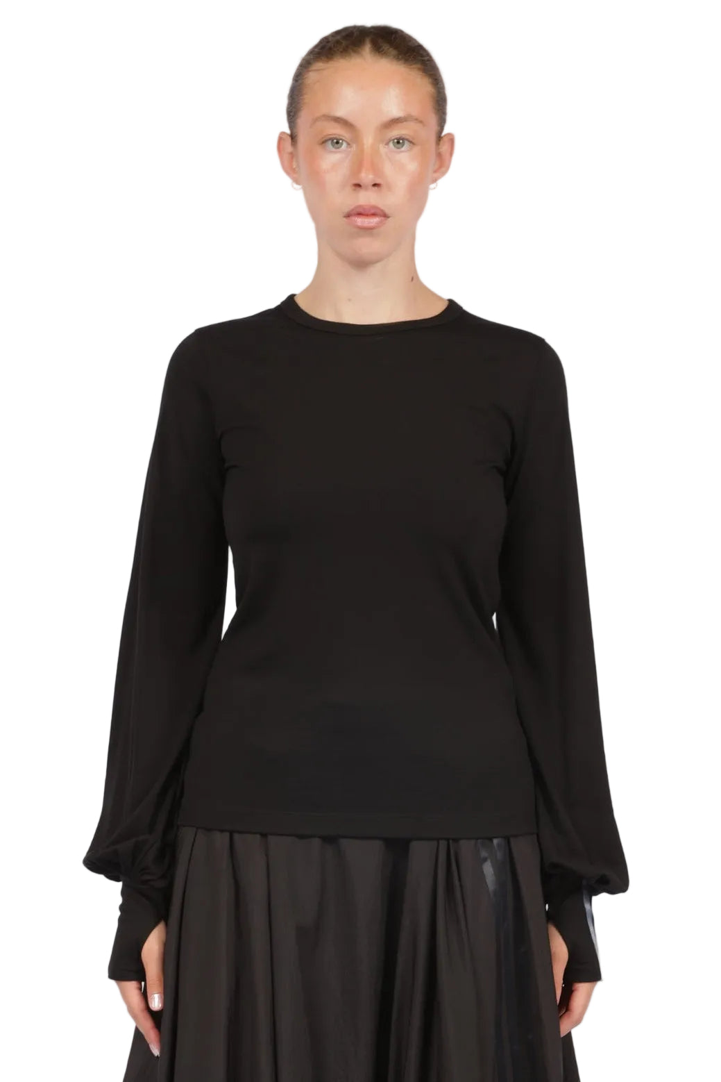Y-3 Wool Cinched Drape Long Sleeve T-Shirt BLACK / XS KS1425-BLACK-XS
