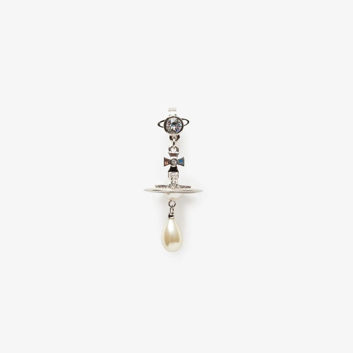 Vivienne Westwood Man. Pearl Drop Single Earring Platinum Pearl Crystal / OS 6203006J-02P127-CN-PLATINUM-PEARL-CRYSTAL-OS
