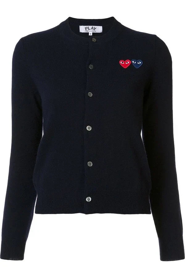 Women's Red & Blue Heart Crew Neck Play Cardigan Cardigans COMME des GARÇONS PLAY