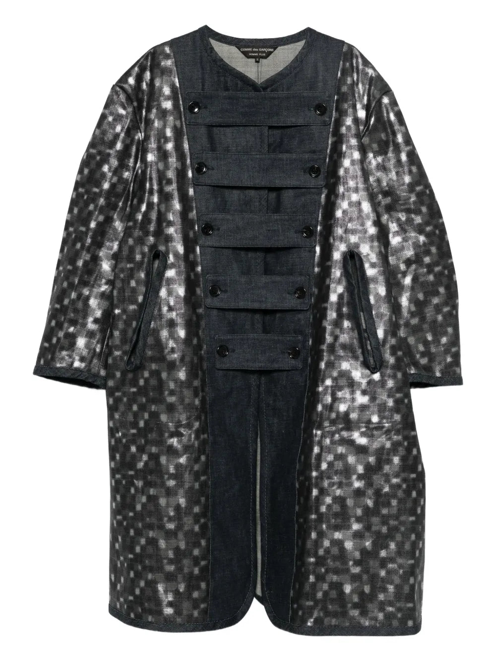 Paneled Indigo and Silver Mix Fabric Button Coat