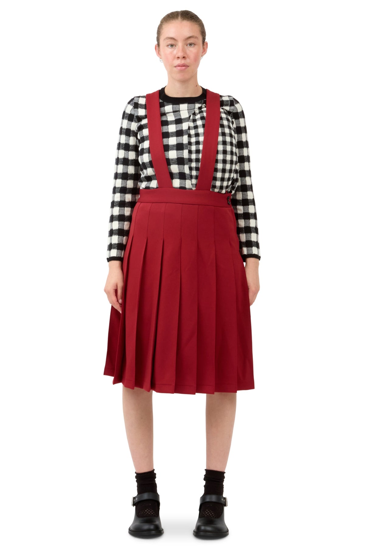 Burgundy Pleated Pinafore Skirt
