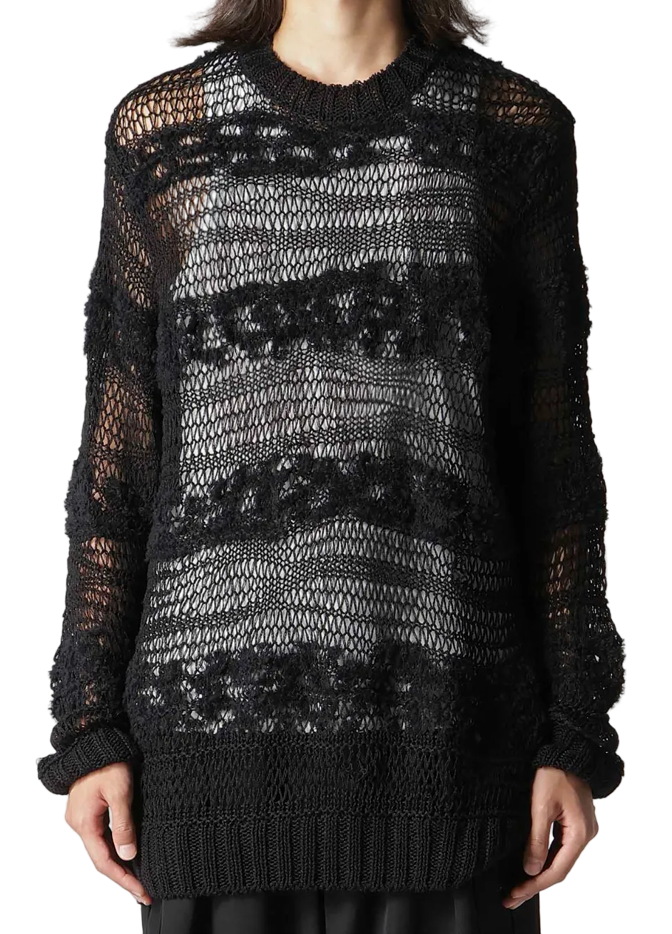 Yohji Yamamoto Drop Knit Striped Round Neck Pattern Pullover BLACK / 3 HK-K12-377-3