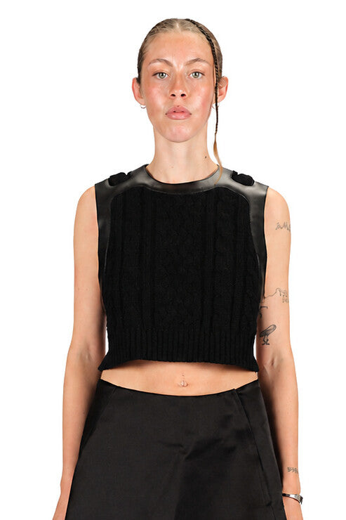 Noir Kei Ninomiya Cable Knit Leather Vest Black / S 3R-N010-051-1-2