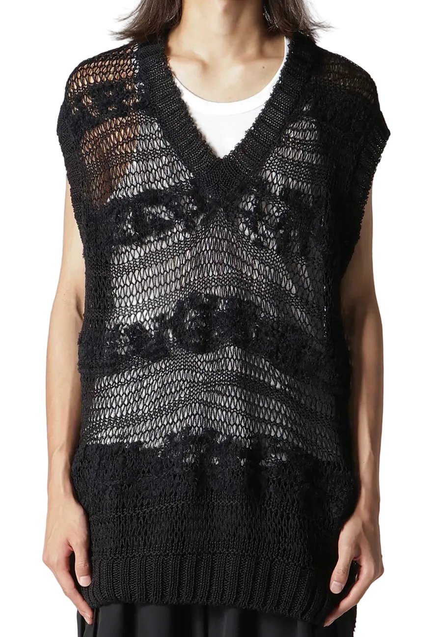 Yohji Yamamoto Drop Knit Striped V Neck Pattern Vest BLACK / 3 HK-K11-377-3
